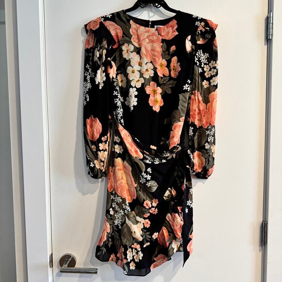 Reformation Floral Mini Dress Black Wrap Skirt Ruffled Back Zip Button Sz 6 - Picture 1 of 6